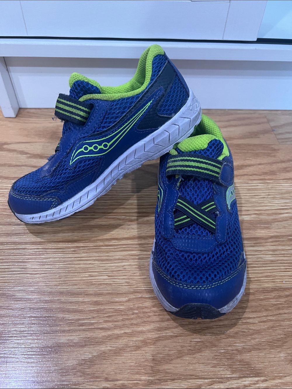 Saucony Youth Blue and Neon Green Athletic Sneakers in extra wide